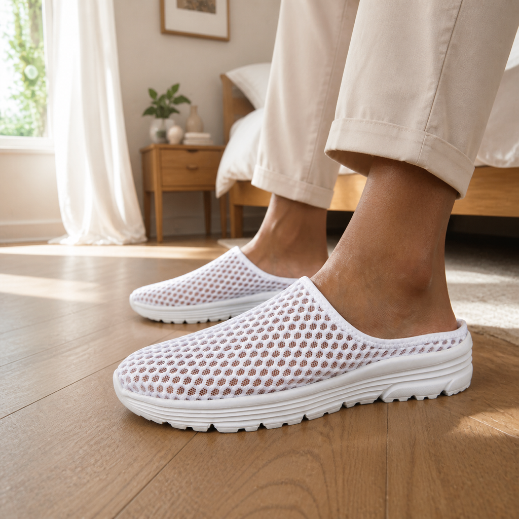 The same feet now wearing airy white Airomi mesh mules on the bedroom floor