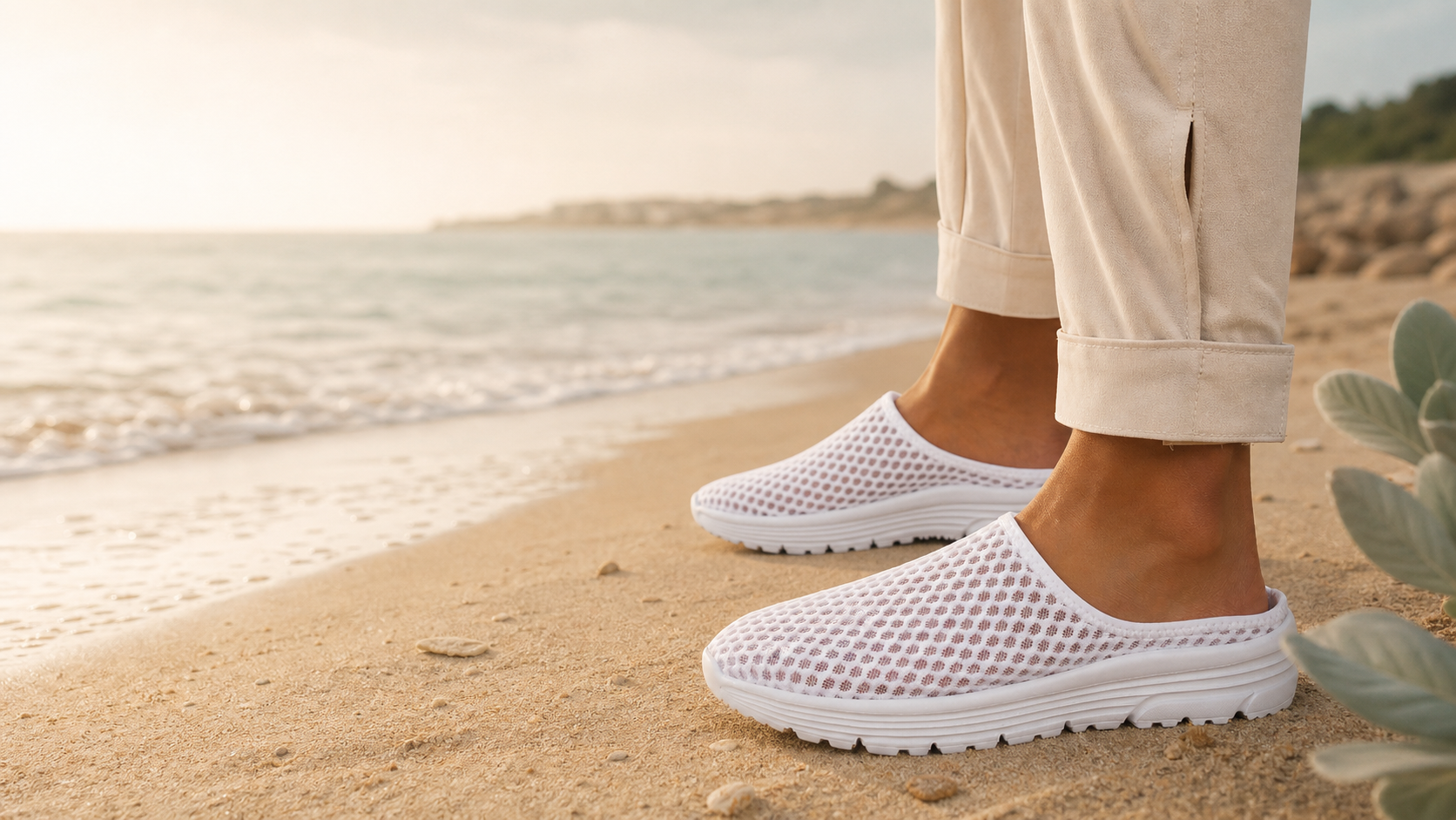 A person standing at the shoreline in white Airomi breathable mesh mules, calm sea and sand to the left