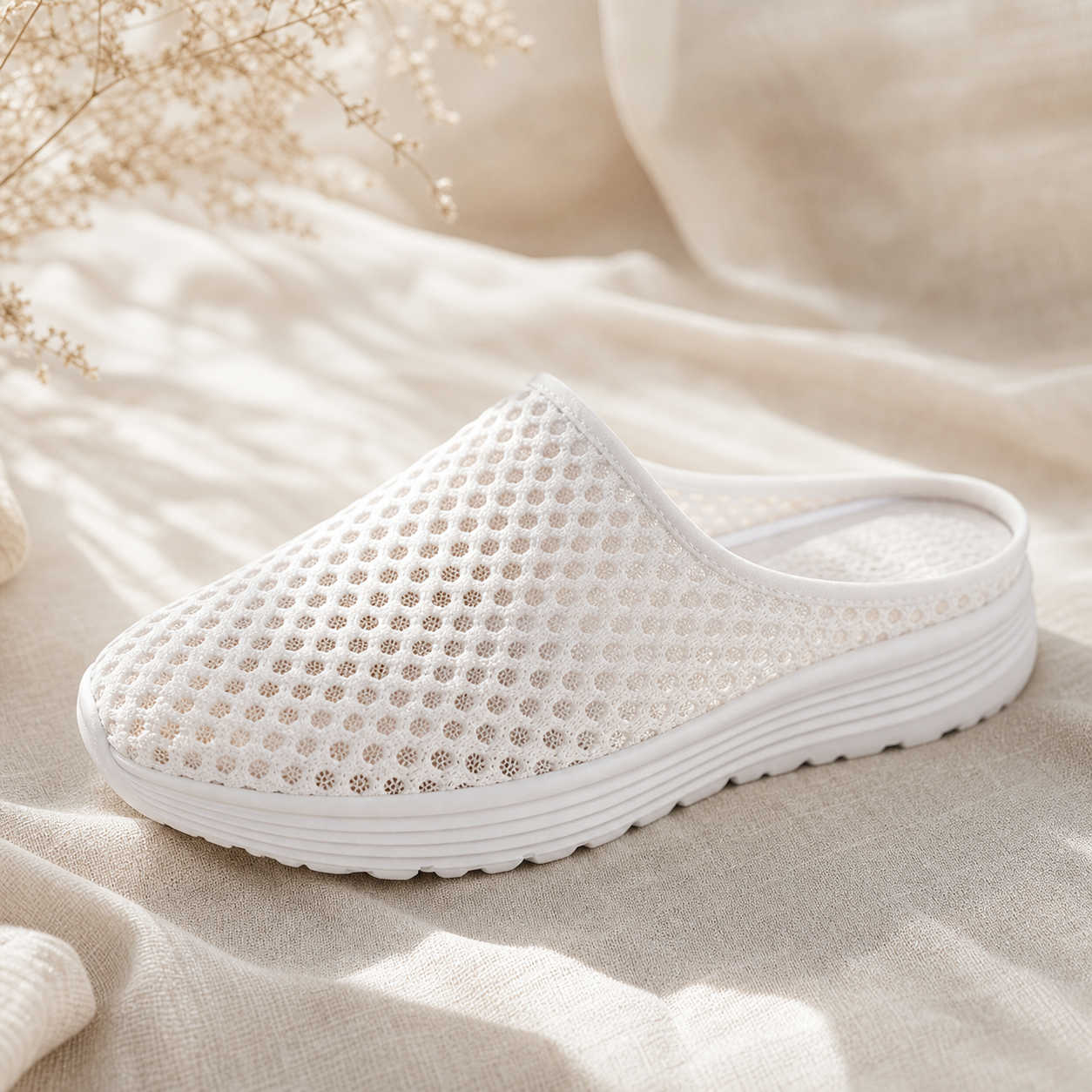 Close-up of a white Airomi mule resting on soft linen, showing the airy open-mesh upper
