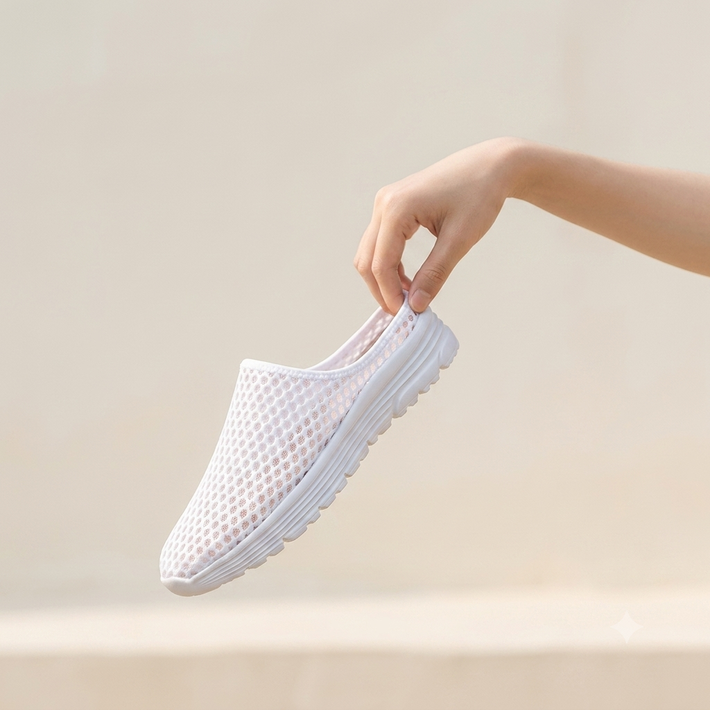 A hand lifting a single white Airomi mesh mule with two fingers, showing how light it is